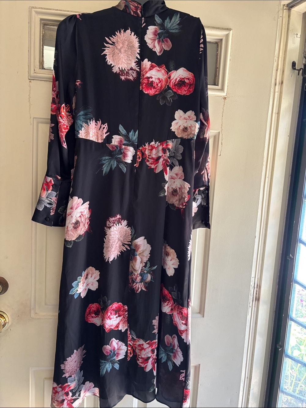 Zara Black Long Sleeve Floral Midi Dress with Pink & Red Blooms - Picture 4 of 6